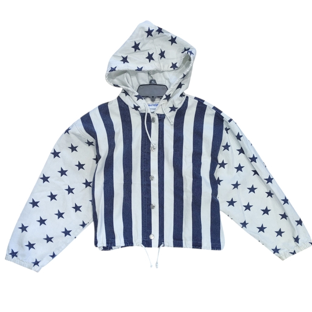 Vintage Mainframe Navy Blue Stars Stripes Denim Drawstring Hoodie Women Size XL